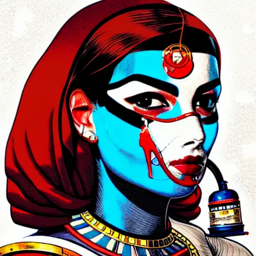 Image similar to a profile photo of a egyptian woman with a diving oxygen mask with side profile blood in ocean intricate details by MARVEL comics and Sandra Chevrier-C