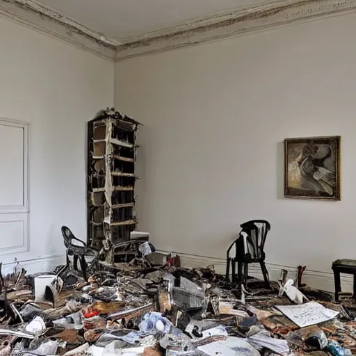 Image similar to 1 9 3 0 s haunting by pegi nicol macleod, by simon birch. a sculpture of a room that is wrecked, furniture overturned, belongings strewn about, & debris everywhere. the only thing left intact is a photograph on the wall shows a tidy, well - appointed space, with everything in its place.