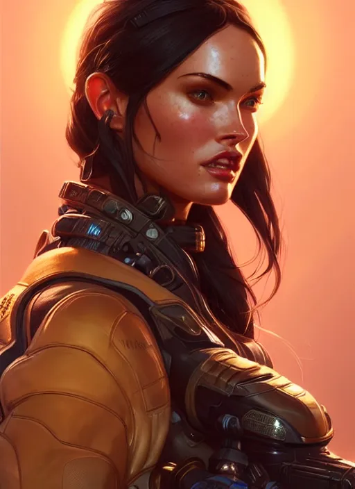 Image similar to portrait of apex legends megan fox, intricate, elegant, glowing lights, highly detailed, digital painting, artstation, glamor pose, concept art, smooth, sharp focus, illustration, art by artgerm and greg rutkowski, artey freytag