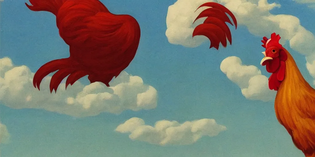 Prompt: peculiar rooster pictured in afternoon light, clouds, bird, open ceiling, strange foreign objects, surrealist oil painting by edward hopper, chirico and rene magritte