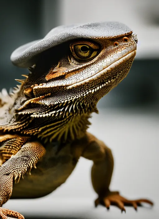 Image similar to dslr portrait still of a bearded dragon wearing a tophat, 8 k 8 5 mm f 1. 4