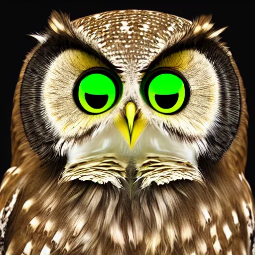 Image similar to wise owl with glowing disney eyes, realistic high detailed scales octane render, portrait, face symmetry, centered, anime style, disney character style green enlightened background