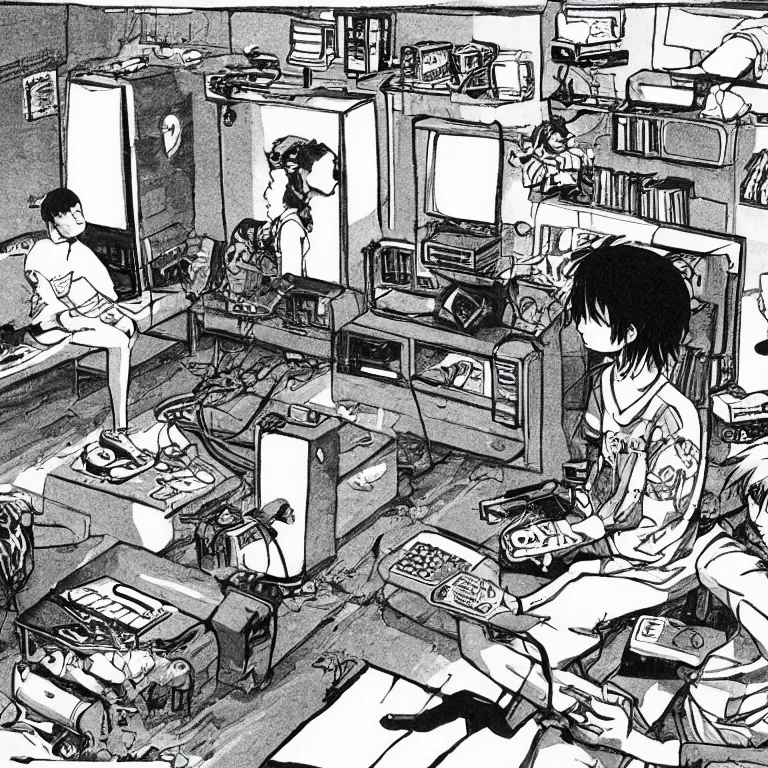 Image similar to manga illustration of teenager playing video games inside creepy 1 9 8 0's living room basement.