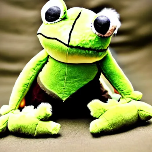 Image similar to cute fluffy plushie frog, cutecore, shaggy, stuffed animal photography,