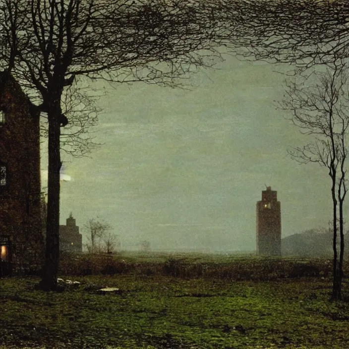 Prompt: a building in a landscape, by john atkinson grimshaw