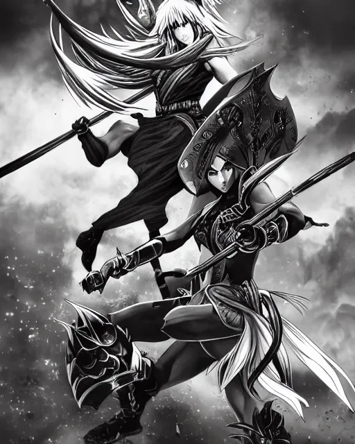 Image similar to Two female warriors fighting, black and white, highly detailed face, close-up, fantasy art, fighting art, in the style of masami kurumada, illustration, epic, fantasy, intricate, hyper detailed, artstation, concept art, smooth, sharp focus, ray tracing