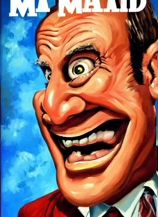 Prompt: mad magazine cover, norman mingo painting, saul goodman smiling, thumbs up, exaggerated proportions, caricature, painterly, visible brush strokes, vintage