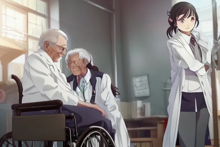 Image similar to a cute young female doctor wearing white coat, an old man of 80 years in a wheelchair, hospital ward, slice of life anime, cinematic, realistic, highly detailed, 8kHDR, anime scenery by Makoto shinkai