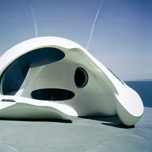 Prompt: futuristic pod dwelling by zaha hadid and syd mead, contemporary architecture, photo journalism, photography, cinematic, national geographic photoshoot
