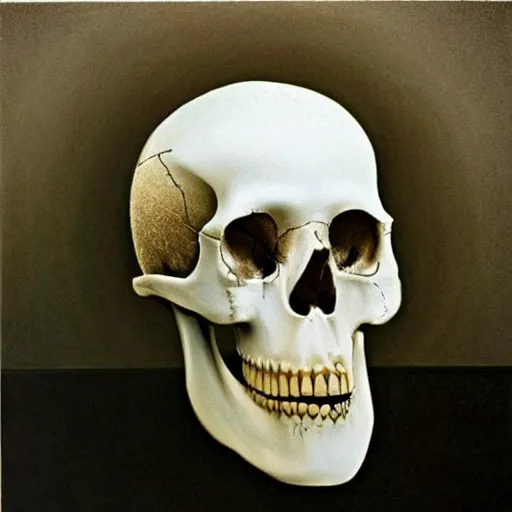 Prompt: A beautiful performance art of a skull that is part organic, part mechanic. It is an accurate representation of how the artist sees the world. by Gottfried Helnwein saturated