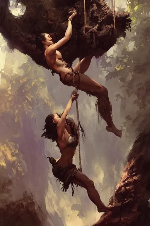 Prompt: Jane swinging from a tree , by Frank Frazetta, Greg Rutkowski, Boris Vallejo, epic fantasy character art, Exquisite detail, post-processing, low angle, masterpiece, cinematic