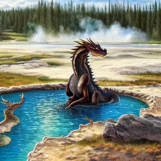 Image similar to dragon sitting in a hotspring at yellowstone national park, highly detailed oil painting, featured on artstation