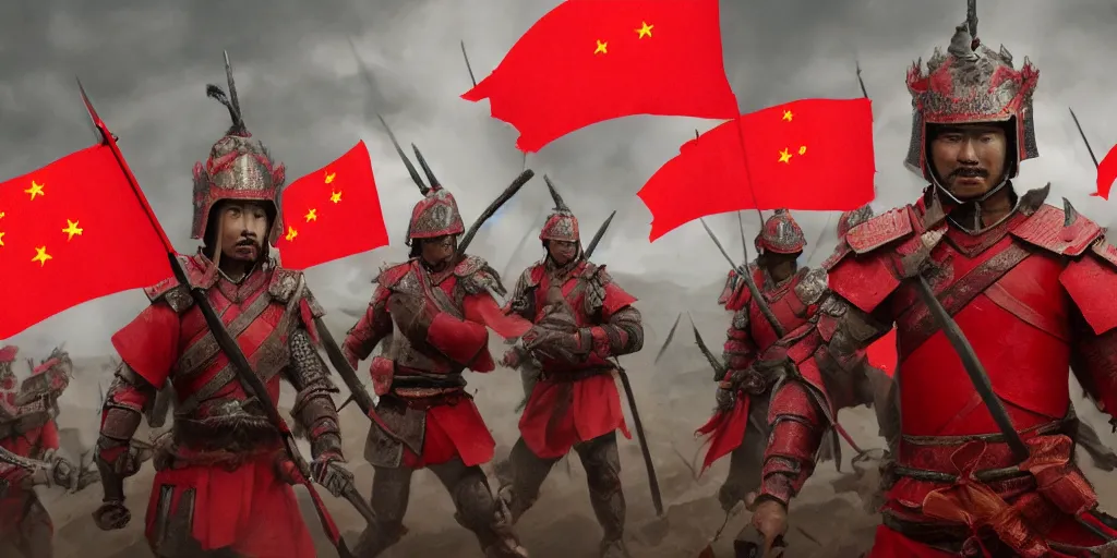 Image similar to mid shot cinematic artwork of an ancient Chinese army wearing red armor and holding red flags on the battlefield by greg rutowski, masterpiece, 4k