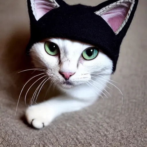 Prompt: cute cat photo, tongue, wearing wool hat, cat ears