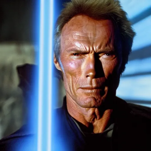 Image similar to clint eastwood holding blue lightsaber in star wars episode 3, 8k resolution, full HD, cinematic lighting, award winning, anatomically correct