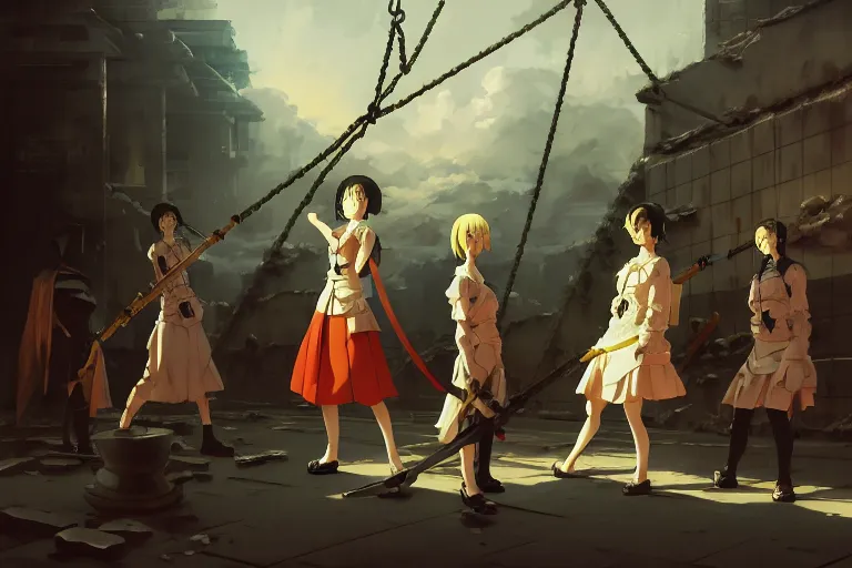 Prompt: baroque oil painting of key visual environment concept art of anime maids executing a war criminal by public hanging, brutalist, dark fantasy, rule of thirds golden ratio, fake detail, trending pixiv fanbox, acrylic palette knife, style of makoto shinkai studio ghibli genshin impact james gilleard greg rutkowski chiho aoshima