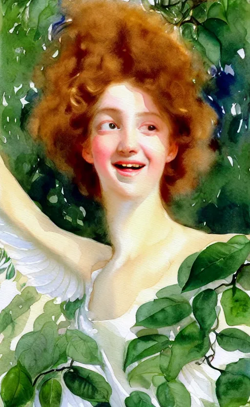 Image similar to the face of a young woman with marble complexion, angelic features, dancing curls around her face, her head raised in rapture, laughing, symmetrical eyes, watercolor by john singer sargent, background lush vegetation, insects and birds, 8 k uhd