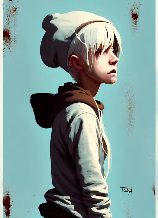 Image similar to highly detailed portrait of a sewer punk swedish young lady, hoodie, white hair by atey ghailan, by greg rutkowski, by greg tocchini, by james gilleard, by joe fenton, by kaethe butcher, gradient light blue, blonde, brown, cream and white color scheme, grunge aesthetic!!! ( ( graffiti tag wall background ) )