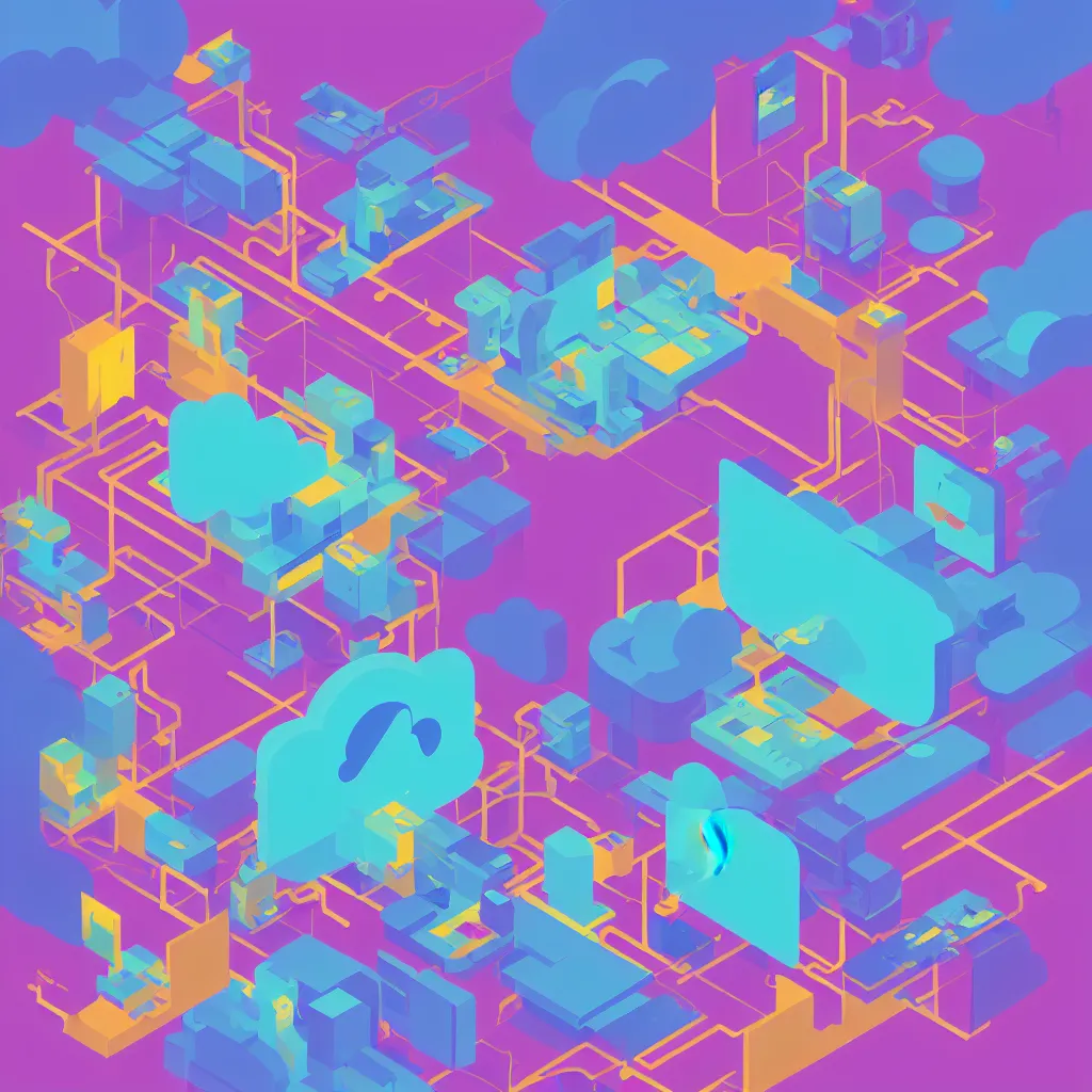 Image similar to a simple micro-service deployed to a datacenter, cloud, security, attack vector, trending on Artstation, painting by Jules Julien, Leslie David and Lisa Frank, muted colors with minimalism