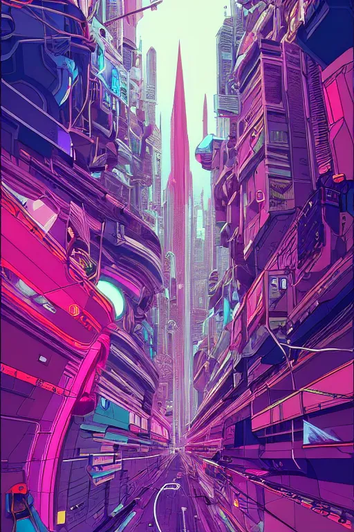 Image similar to astronaut cyberpunk surreal upside down city, neon lights, sharp edges, flat colors, cell shaded by moebius, Jean Giraud, trending on artstation