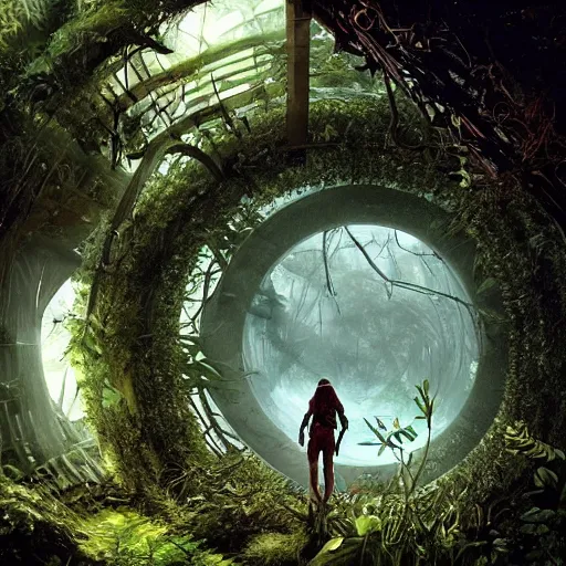 Image similar to stairs leading to a derelict portal in a middle of a lush futuristic forest, alien world seen through a portal, person in a cloak standing in front of a portal, daylight, cinematic lighting, syd mead, john harris