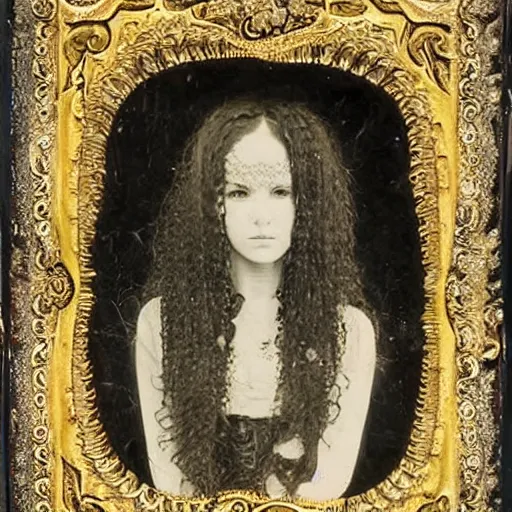 Image similar to tintype ambrotype daguerreotype of a cthulhu priestess adorned in occult jewelery with tentacle hair. emerging walking out of a baroque frame. striking face.