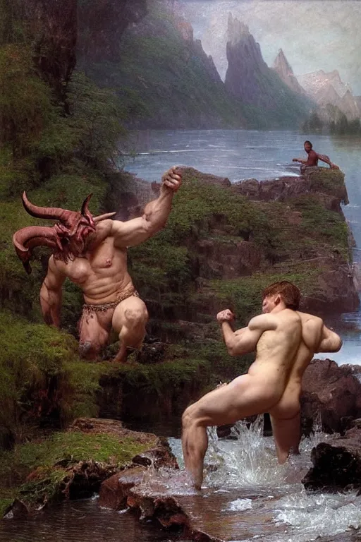 Image similar to martyn fords as huge muscular demon with ram's horns and emerging from lake in rockies, water splashing cascading, beautiful day, by albert bierstadt, ruan jia, lawrence alma tadema, zdzislaw beksinski, norman rockwell, jack kirby, tom lovell, greg staples