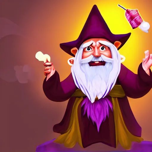 Prompt: gnome archmage wearing purple robes, a floppy wizard hat, and smoking a pipe artstation