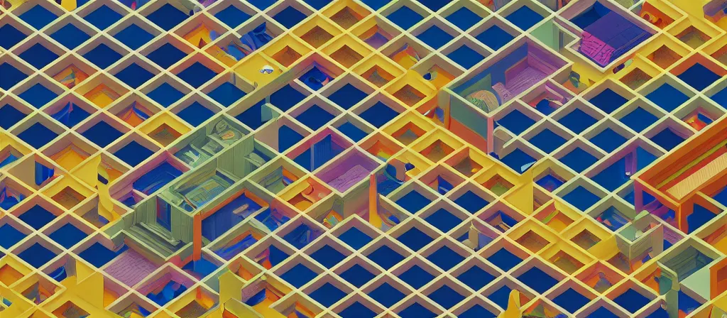 Image similar to huge gargantuan angular dimension of the backrooms indoor 7 0 s moquette scenario. surrealism, mallsoft, vaporwave, trending on artstation, shot from above, axonometric camera perspectic, epic scale by escher