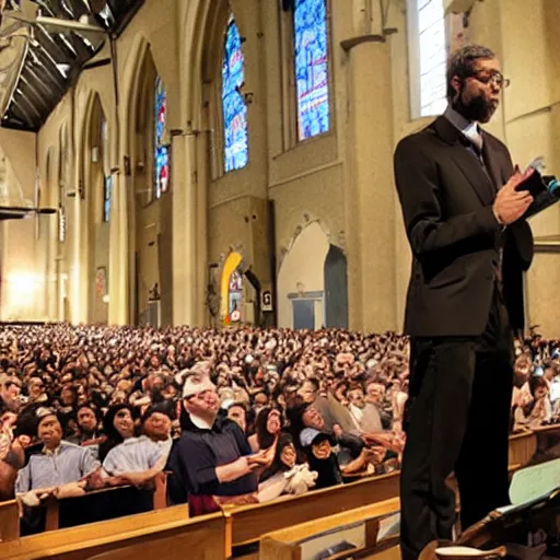 Prompt: robot preacher in big church service large congregation