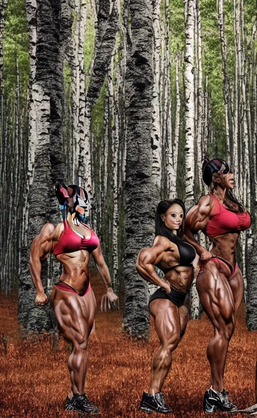 Image similar to photo of several female bodybuilders posing in a birch forest, beautiful detailed face, ultra realistic, concept art, intricate details, serious, highly detailed, photorealistic, octane render, 8 k, unreal engine, art by todd mcfarlane