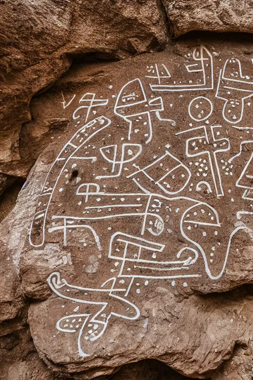 Image similar to 4 k photography of petroglyphs representing crosses, ufo and alien symbols on a cave