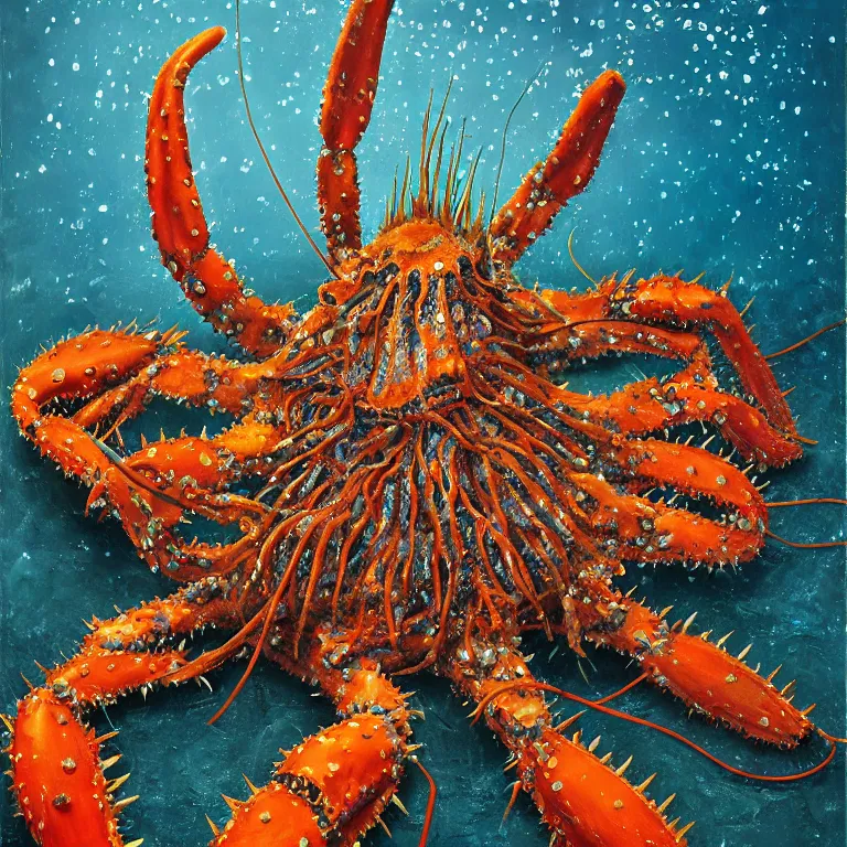 Prompt: Hyperrealistic intensely colored Studio wet collodion Photograph portrait of a deep sea Giant spiked Crab with very long! spindly spiked legs and big claws deep underwater in darkness long exposure, award-winning nature deep sea expressionistic impasto heavy brushstrokes oil painting by Fabian Marcaccio and Norman Rockwell and Audubon vivid colors hyperrealism 8k