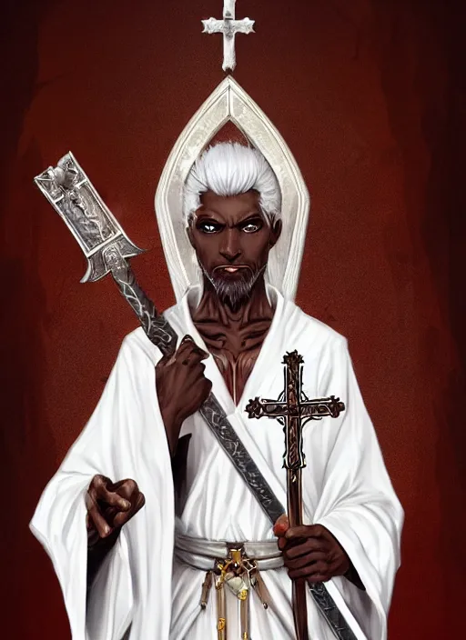 Image similar to a highly detailed illustration of sadistic white haired tanned african priest wearing white robe, wielding bloody cross sword, gothic church background, intricate, elegant, highly detailed, centered, digital painting, artstation, concept art, smooth, sharp focus, league of legends concept art, wlop