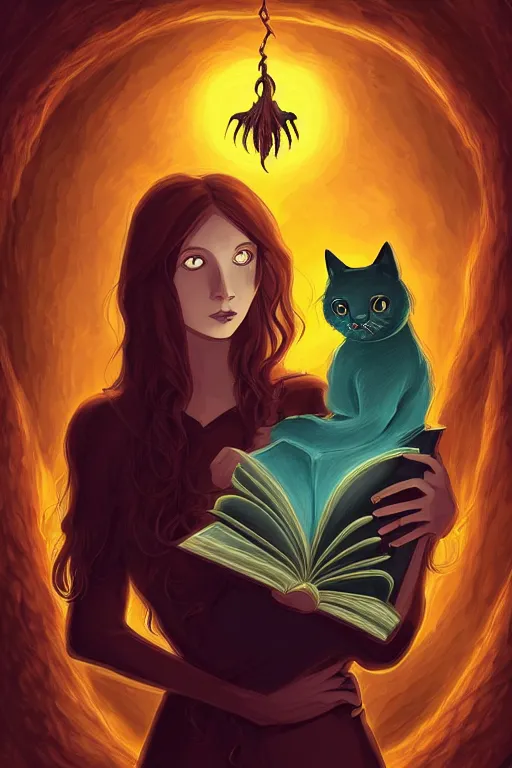 Prompt: romantic illustration of bright girl, her cat and her book of necronomicon, symmetrical, cinematic, sharp focus, 4 k, ultra hd, sense of awe, sinister demonic atmosphere, dreadful, forbidden knowledge, old gods, cthulhu, yog - sothoth! yah, yah, yah! cultist journal cover