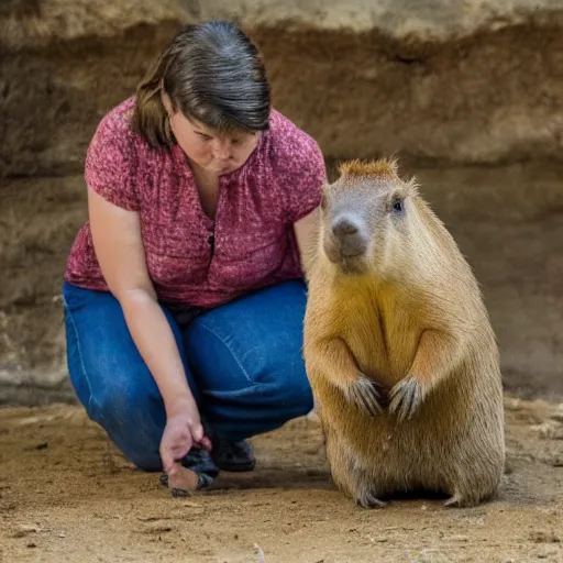 Image similar to woman praying to a capybara that is sitting on a pedastal