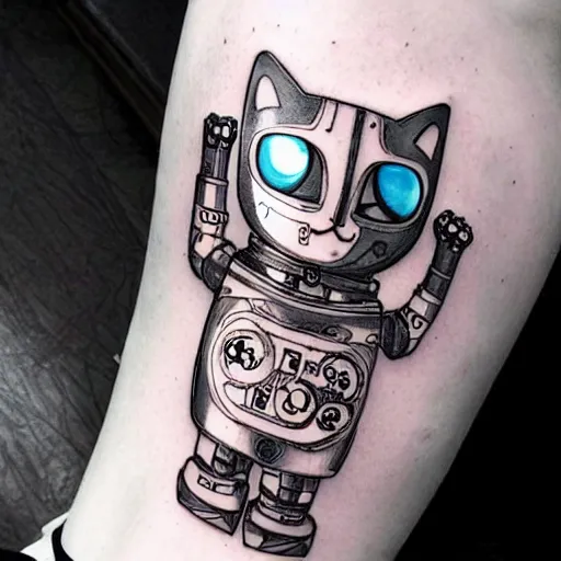 Image similar to Anime manga robot!! cat tattoo, cyborg cat, exposed wires and gears, fully robotic!! cat, manga!! in the style of Junji Ito, Hayao Miyazaki and Naoko Takeuchi, cute!! chibi!!! cat, tattoo on upper arm, arm tattoo