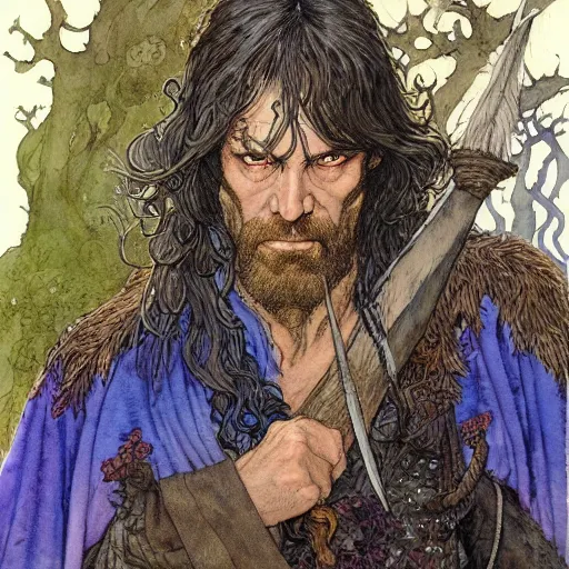Image similar to a realistic and atmospheric watercolour fantasy character concept art portrait of andy mccoy as a druidic warrior wizard looking at the camera with an intelligent gaze by rebecca guay, michael kaluta, charles vess and jean moebius giraud