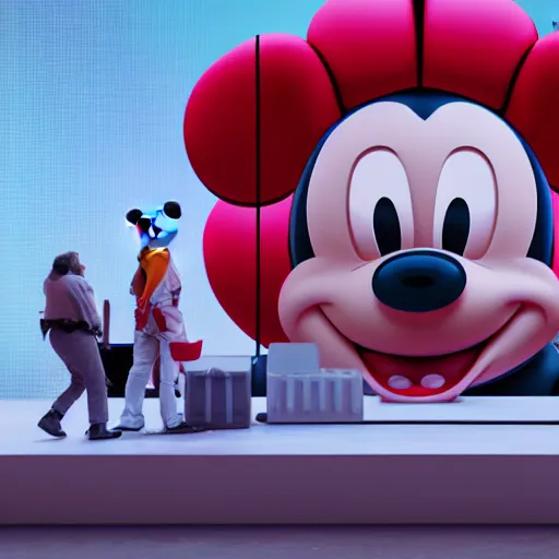 Prompt: workers autopsy mickey mouse head on sound stage by beeple, 8 k resolution, ultra realistic