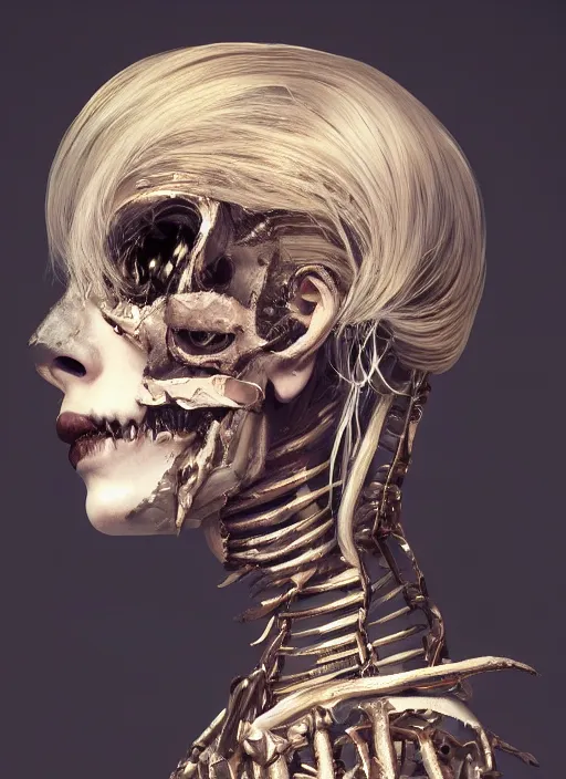 Image similar to A fancy portrait of Blonde girl half endoskeleton torn skin metallic skull by Greg Rutkowski, Sung Choi, Mitchell Mohrhauser, Maciej Kuciara, Johnson Ting, Maxim Verehin, Peter Konig, Bloodborne, 8k photorealistic, cinematic lighting, HD, high details, dramatic, atmospheric , trending on artstation