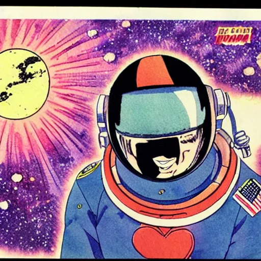 Image similar to a vintage anime 70s comic book watercolor of Alex Jones in space