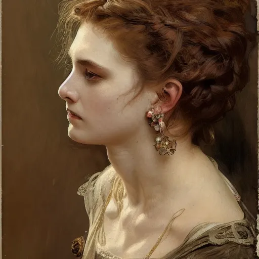 Prompt: a one - quarter portrait of a victorian woman, studio shot, cinematic, artgerm, detailed, intricate, elegant, highly detailed, digital painting, artstation, concept art, smooth, sharp focus, illustration, style by artem demura, alphonse mucha