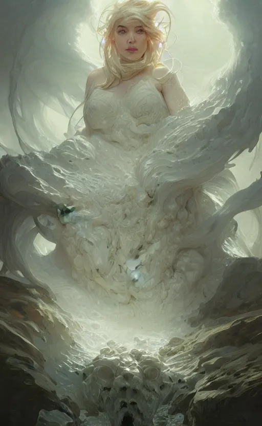 Prompt: portrait of a gigantic white monstrosity, a fat tank monster made of melted white bodies, concept art, deep focus, fantasy, intricate, highly detailed, digital painting, artstation, matte, sharp focus, illustration, art by artgerm and greg rutkowski and alphonse mucha