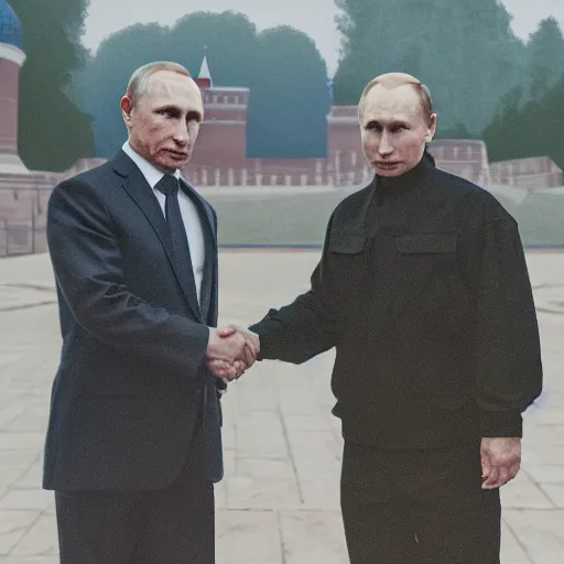 Image similar to cinematic shot of Yung Lean wearing a bucket hat and Vladimir Putin shaking hands with each other in the Kremlin, 8k, hyper intricate, hyper detailed,