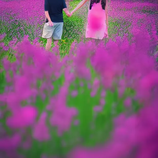 Image similar to a couple holding hands in a field of flowers, symmetrical face, beautiful, vfx, photo realistic, 8 k, aesthetic