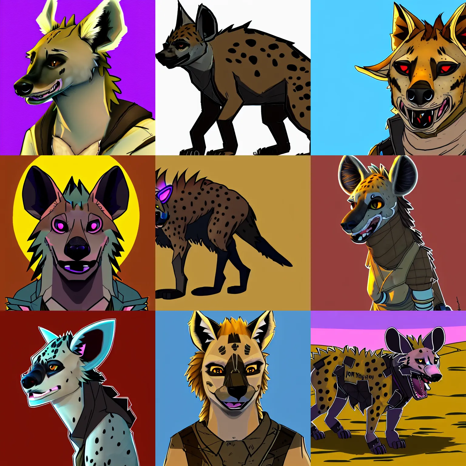 Prompt: illustration of a male hyena fursona ( from the furry fandom ), borderlands style