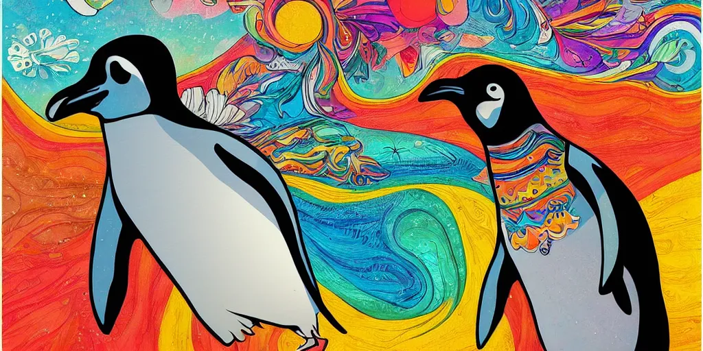 Image similar to a psychedelic surfing penguin, art station, art deco