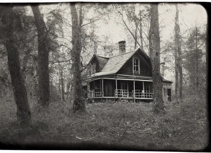 Prompt: sinister black and white old photography of a small house in the woods. daguerreotype photo