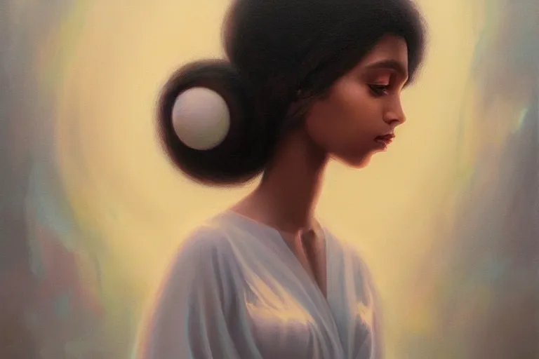 Image similar to ☁🌪🌙👩🏾, soft elegant gown, neon god of city character portrait, in the style of margaret keane, moebius, tom bagshaw, and waterhouse, cinematic lighting, beautiful, elegant, oil painting,