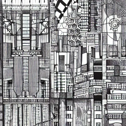 Prompt: a black and white drawing of a building, a detailed mixed media collage by hiroki tsukuda and eduardo paolozzi, intricate linework, sketchbook drawing, street art, polycount, deconstructivism, matte drawing, academic art, constructivism